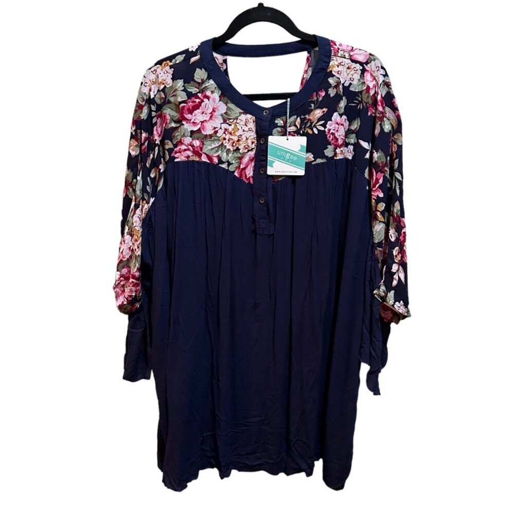 Umgee Womens Size S Navy Floral Babydoll Tunic Dress Top Henley Cutout Back NWT